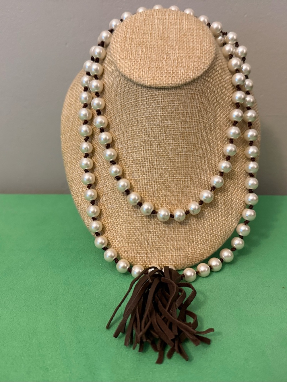 Glass Pearl Bead Necklace with Brown Tassel - Women Jewelry